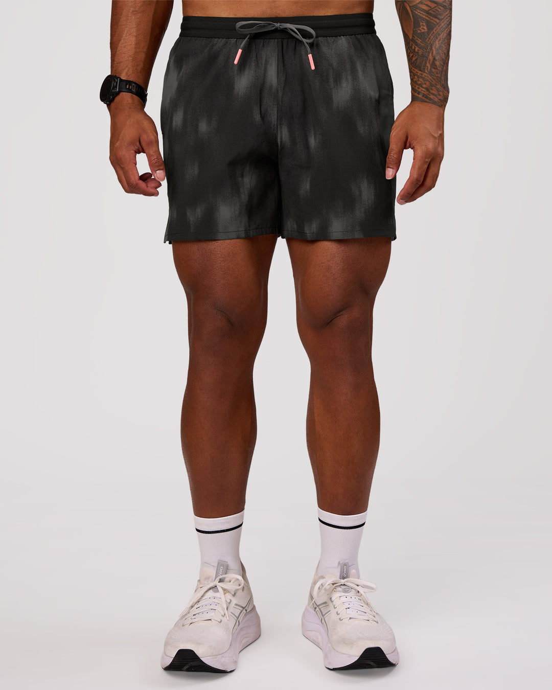 Man wearing Pace 5" Lined Running Short - Bitmap Blur Black | Model:Xav | Size:L - view 5