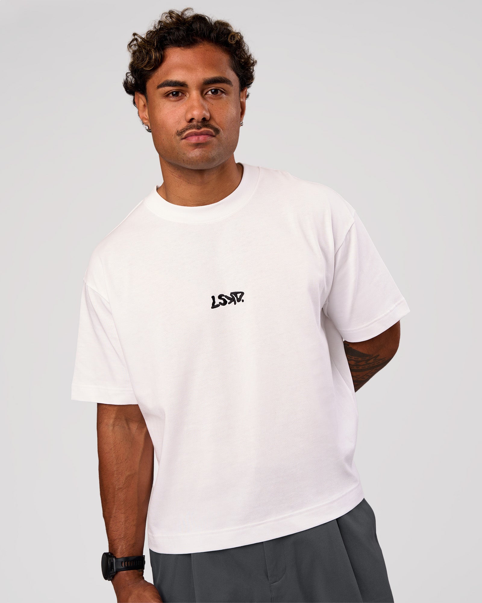 Man wearing Progression Super Heavyweight Boxed Tee - White-Black | Model:Xav | Size:L