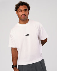 Man wearing Progression Super Heavyweight Boxed Tee - White-Black | Model:Xav | Size:L | Thumbnail Index: 1