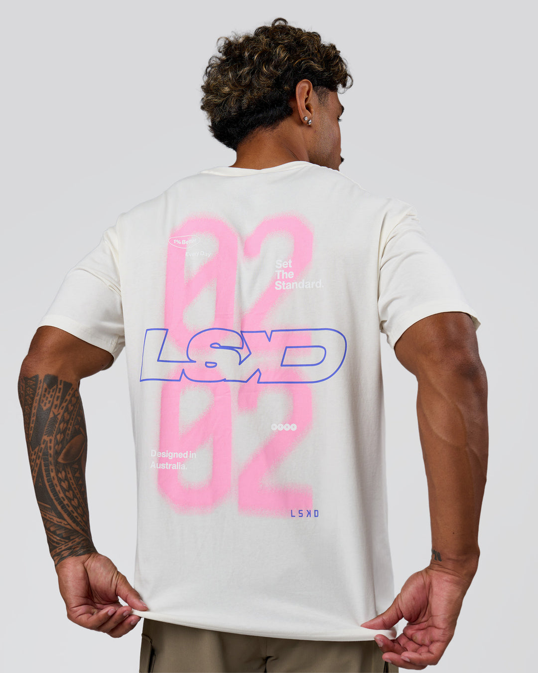 Man wearing SoCal 26 FLXCotton Oversize Tee  - Off White-Pink Rose | Model:Xav | Size:L - view 2