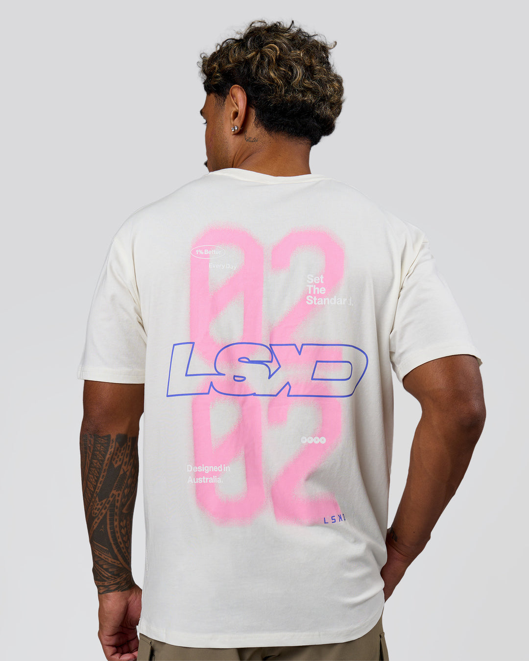 Man wearing SoCal 26 FLXCotton Oversize Tee  - Off White-Pink Rose | Model:Xav | Size:L - view 16