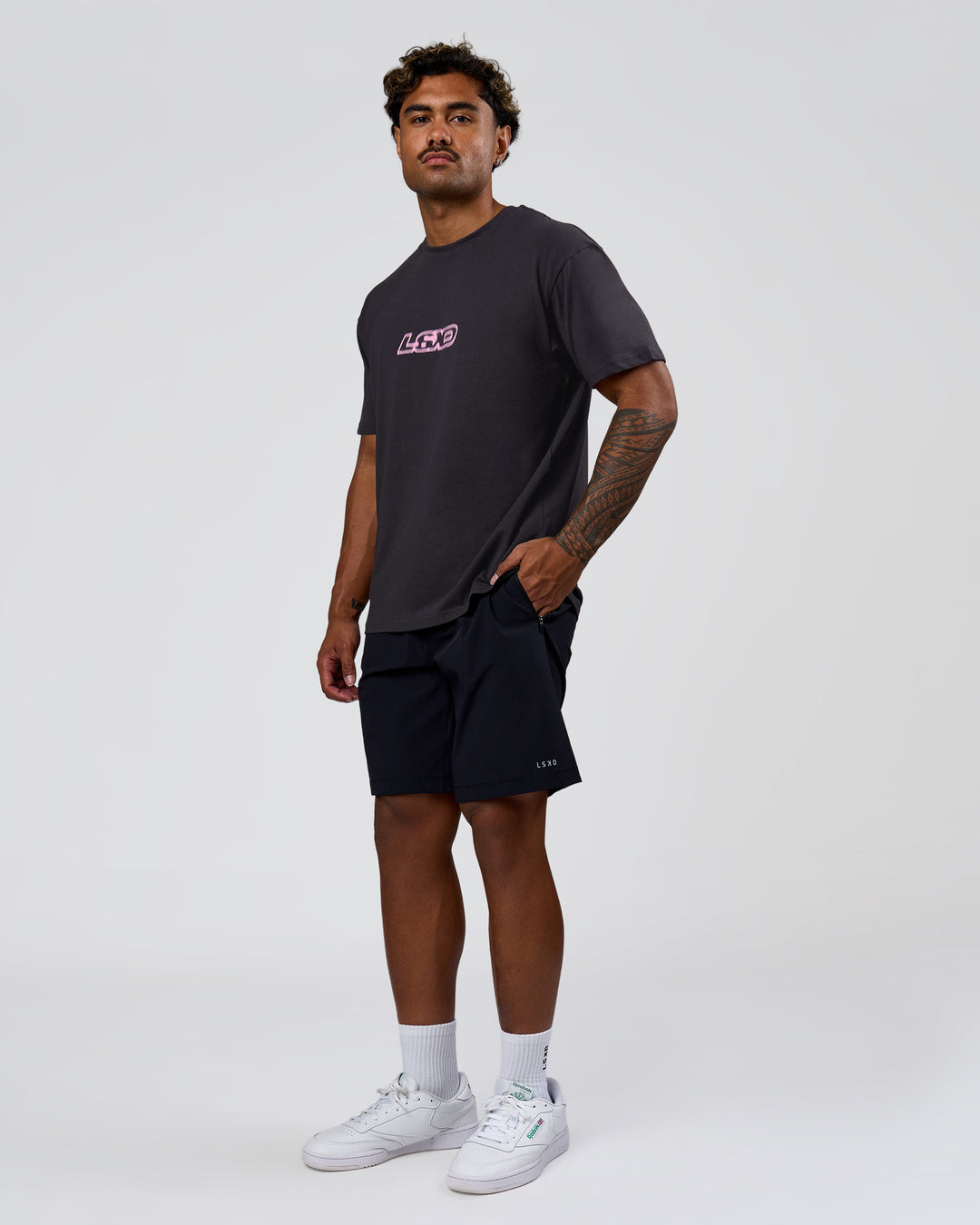 Man wearing SoCal 26 FLXCotton Oversize Tee  - Onyx-Pink Rose | Model:Xav | Size:L - view 11