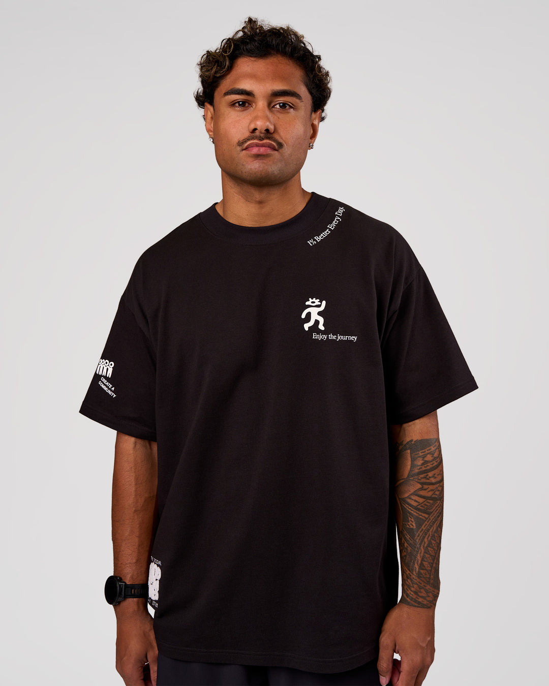 Man wearing Values Manifesto Heavyweight Oversized Tee  - Black-White | Model:Xav | Size:L - view 5