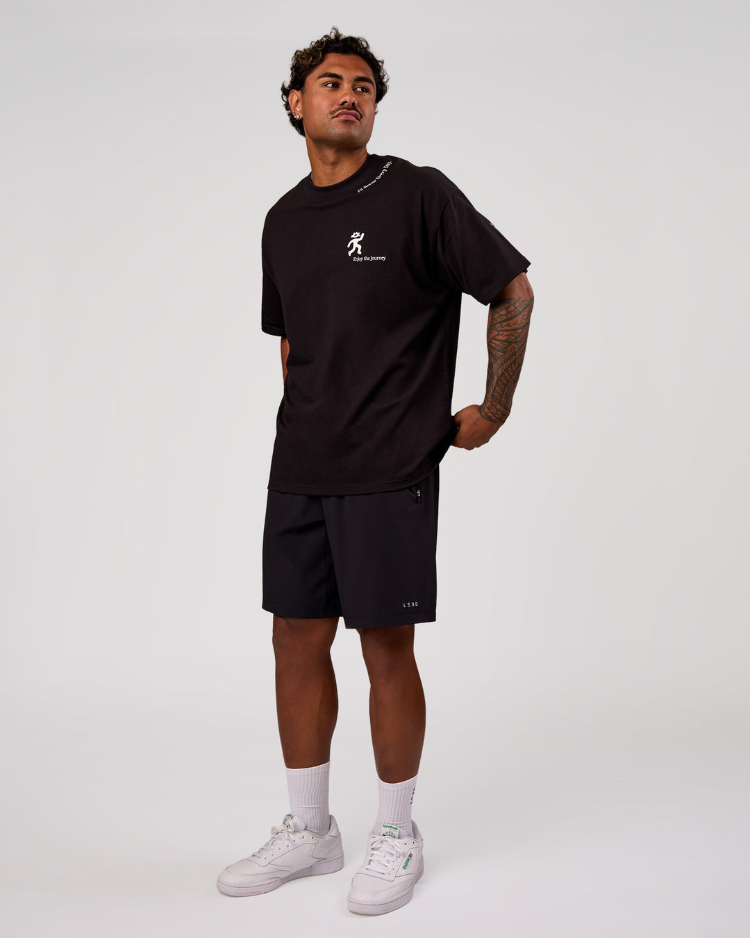 Man wearing Values Manifesto Heavyweight Oversized Tee  - Black-White | Model:Xav | Size:L - view 11
