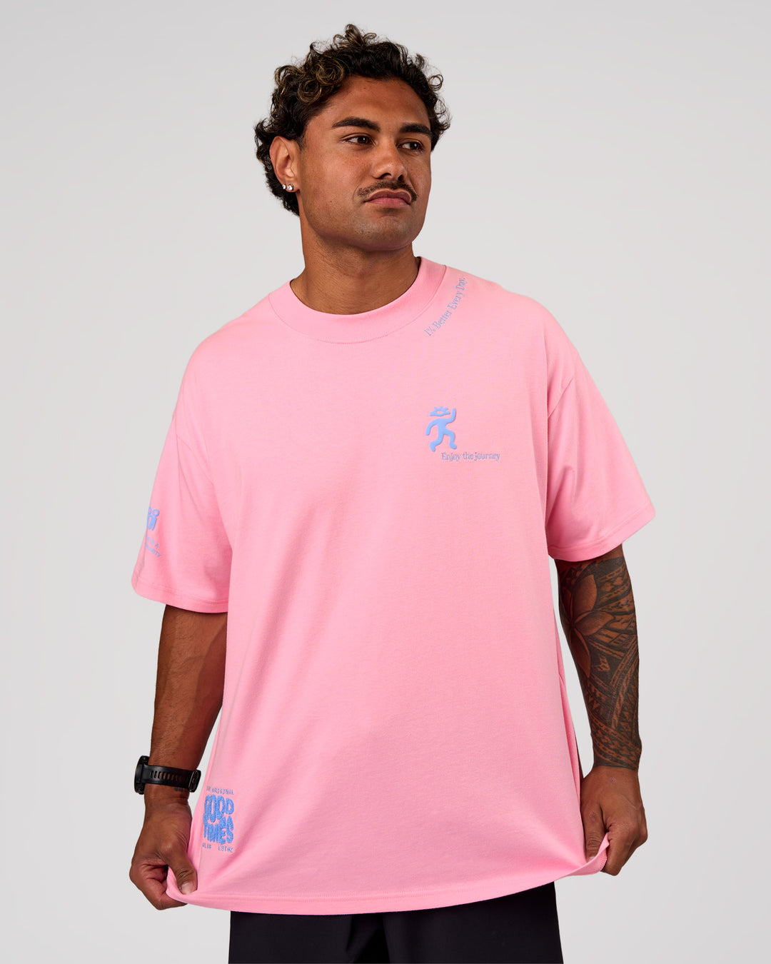 Man wearing Values Manifesto Heavyweight Oversized Tee  - Pink Rose-Open Air | Model:Xav | Size:L - view 2