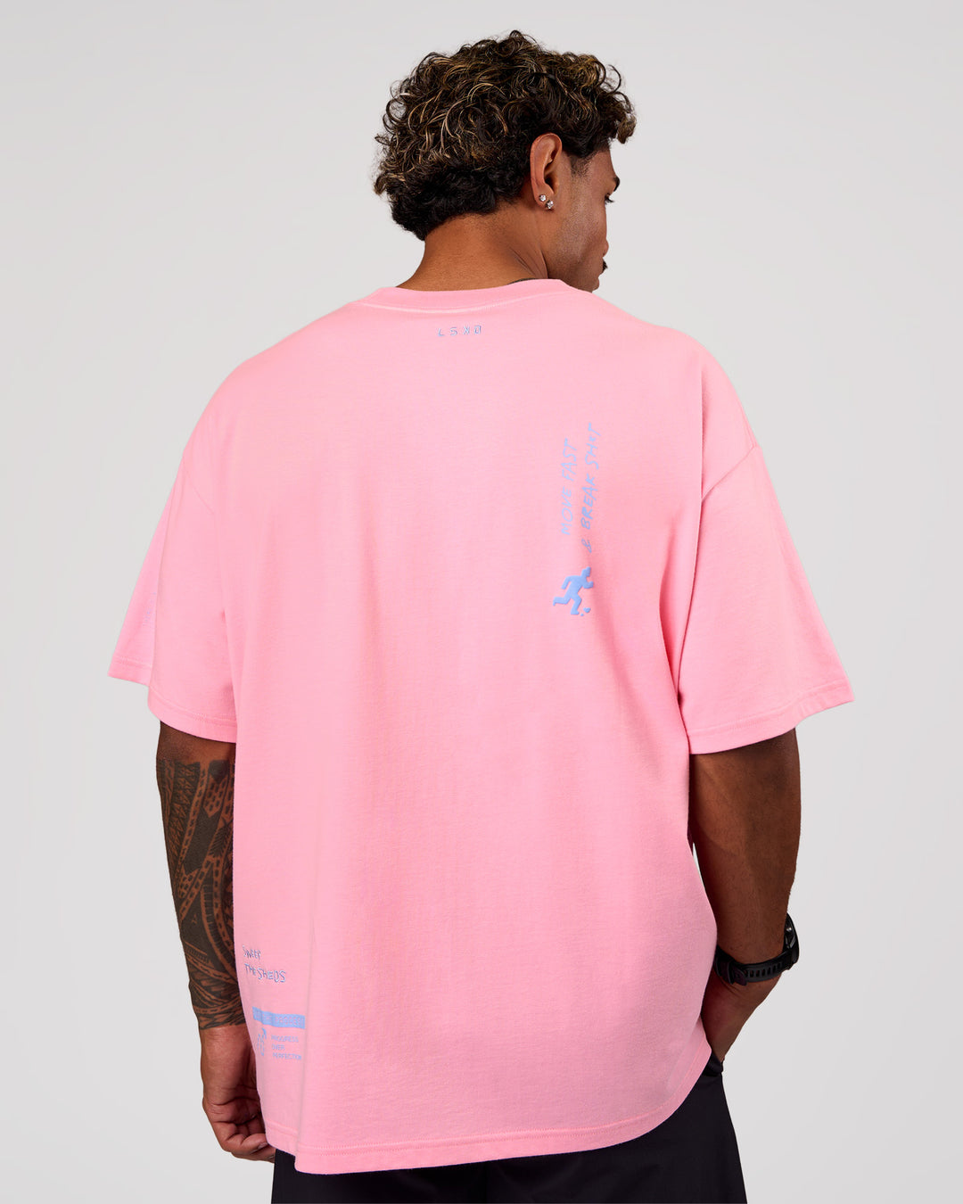 Man wearing Values Manifesto Heavyweight Oversized Tee  - Pink Rose-Open Air | Model:Xav | Size:L - view 5