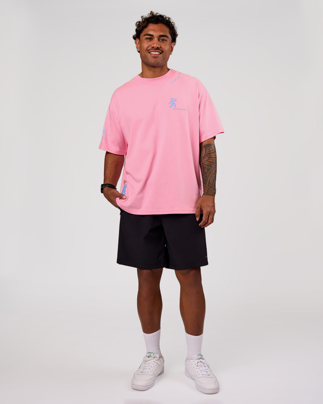 Man wearing Values Manifesto Heavyweight Oversized Tee  - Pink Rose-Open Air | Model:Xav | Size:L - view 7