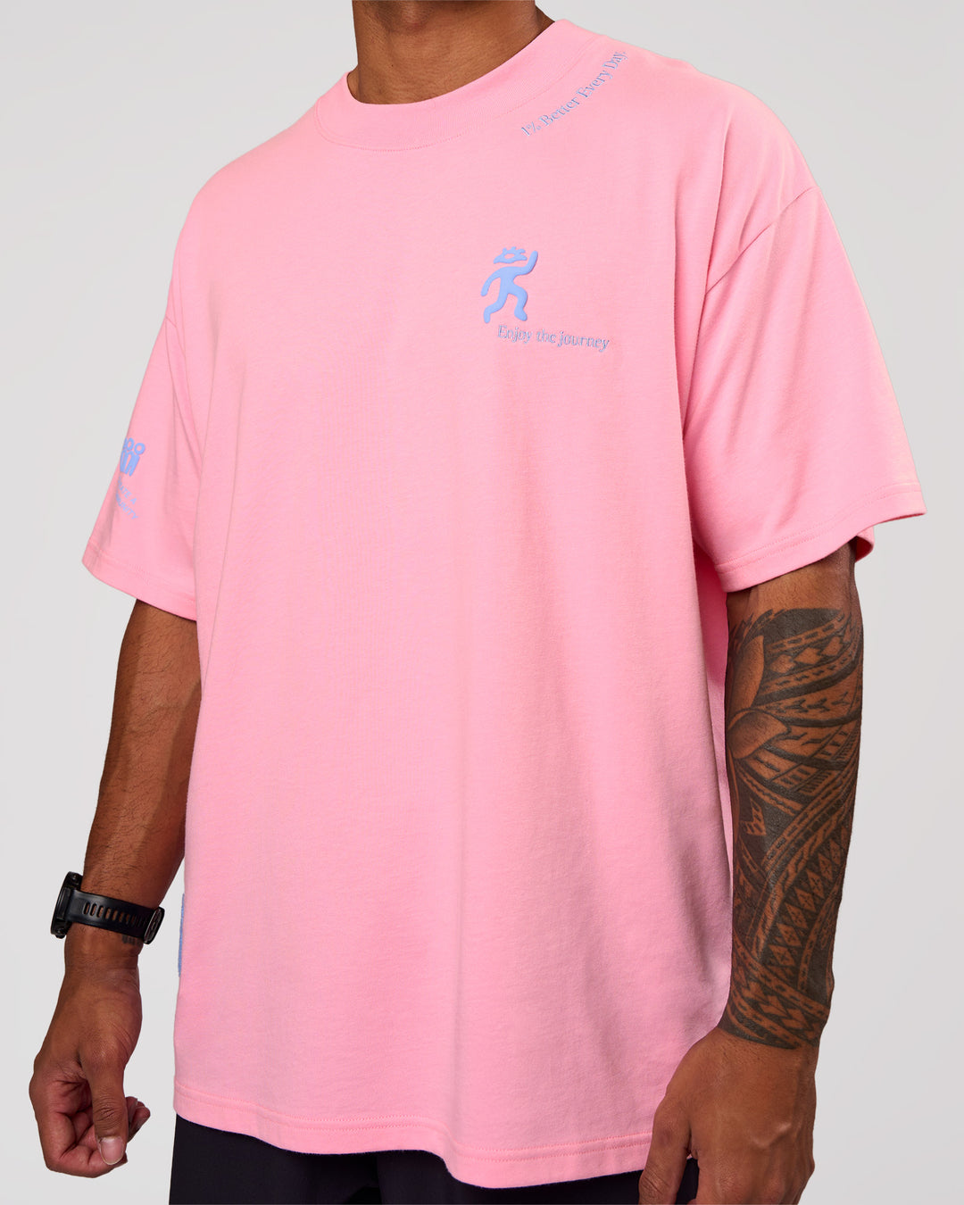 Man wearing Values Manifesto Heavyweight Oversized Tee  - Pink Rose-Open Air | Model:Xav | Size:L - view 11