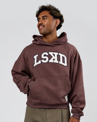 Man wearing Varsity Boxy Hoodie - Cocoa Powder-Off White | Model:Xav | Size:L | Thumbnail Index: 3