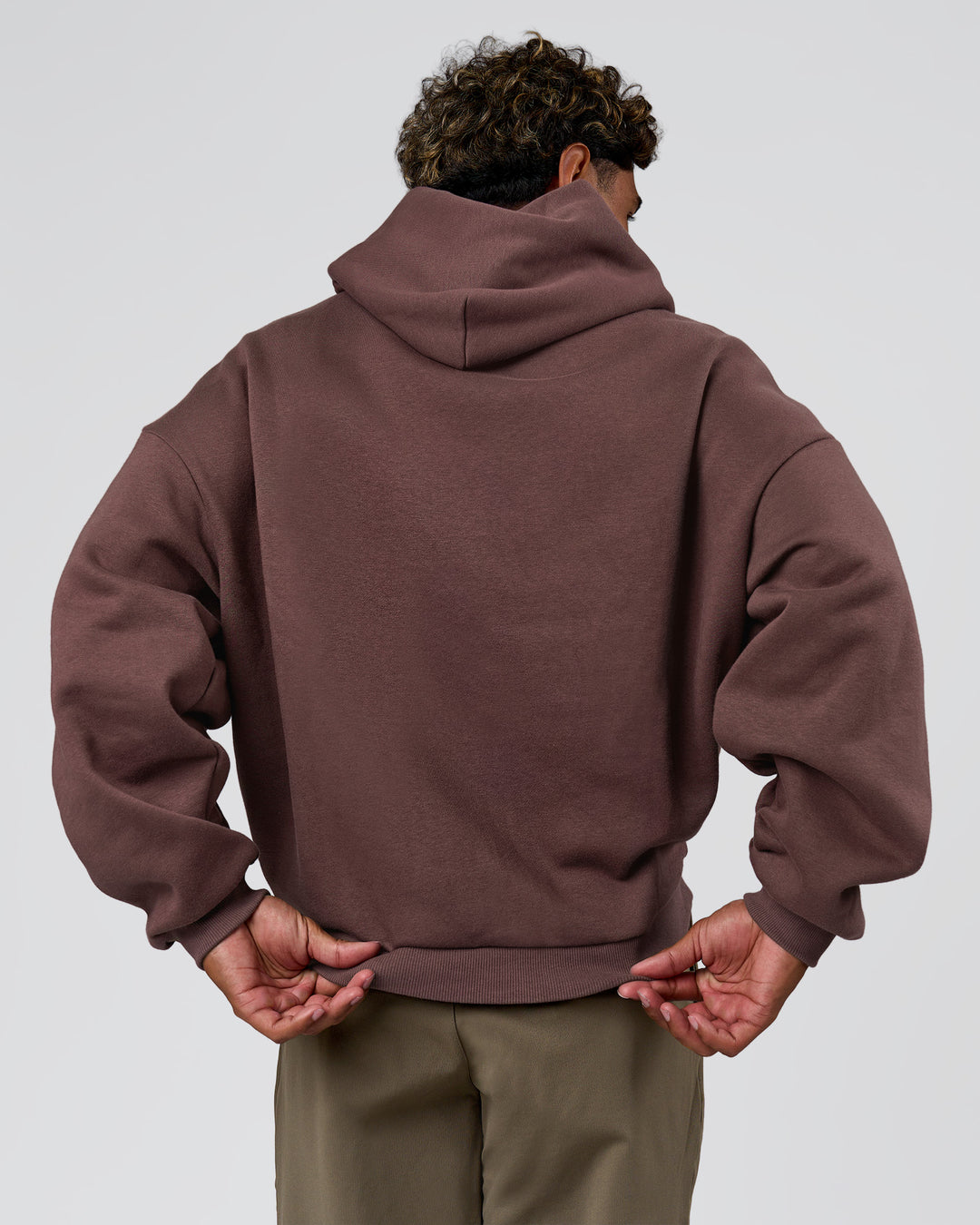 Man wearing Varsity Boxy Hoodie - Cocoa Powder-Off White | Model:Xav | Size:L - view 6