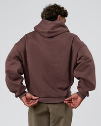Man wearing Varsity Boxy Hoodie - Cocoa Powder-Off White | Model:Xav | Size:L | Thumbnail Index: 5