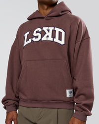Man wearing Varsity Boxy Hoodie - Cocoa Powder-Off White | Model:Xav | Size:L | Thumbnail Index: 9