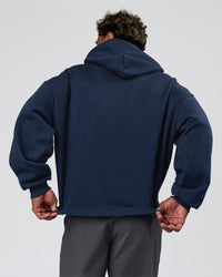 Man wearing Varsity Boxy Hoodie - Future Navy-White | Model:Xav | Size:L | Thumbnail Index: 2