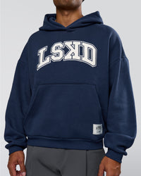 Man wearing Varsity Boxy Hoodie - Future Navy-White | Model:Xav | Size:L | Thumbnail Index: 3