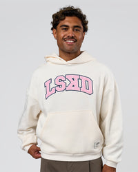 Man wearing Varsity Boxy Hoodie - Off White-Pink Rose | Model:Xav | Size:L | Thumbnail Index: 3