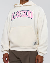 Man wearing Varsity Boxy Hoodie - Off White-Pink Rose | Model:Xav | Size:L | Thumbnail Index: 5