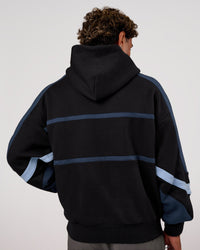 Man wearing Vibe Oversized Hoodie - Black-Future Navy | Model:Xav | Size:L | Thumbnail Index: 4
