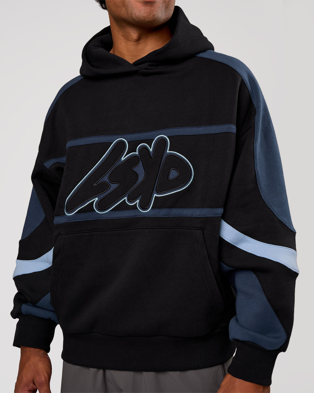 Man wearing Vibe Oversized Hoodie - Black-Future Navy | Model:Xav | Size:L - view 7