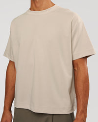 Man wearing AfterDark ZeroCrease Boxy Tee - Shale Beige | Model:Albert | Size:M | Thumbnail Index: 3