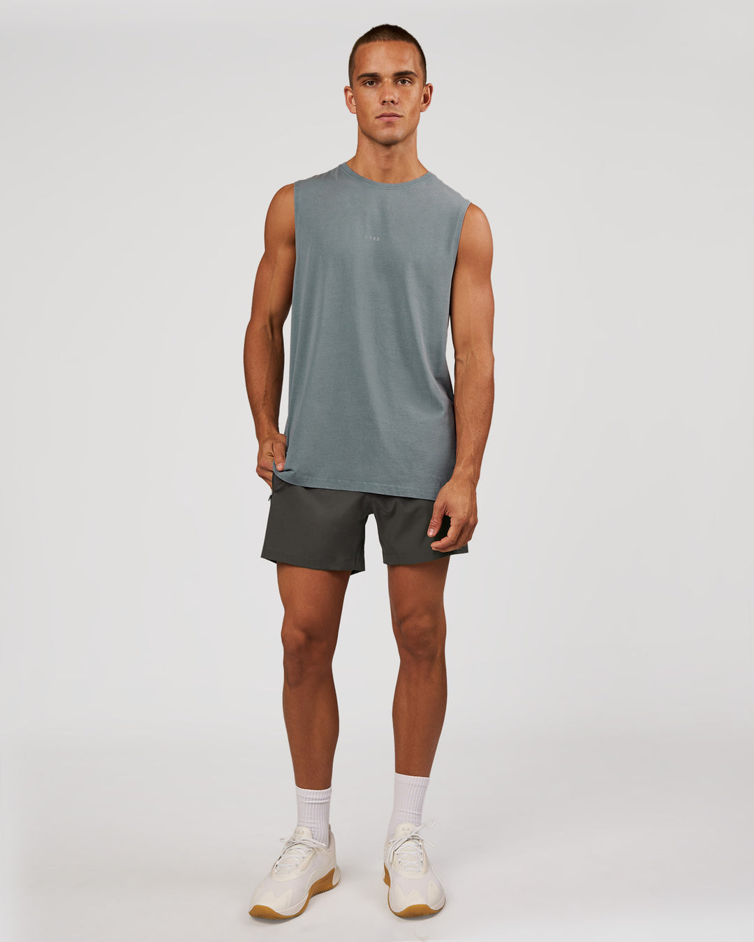 Man wearing Base FLXCotton Tank - Blue Mirage Washed | Model:Albert | Size:M - view 5