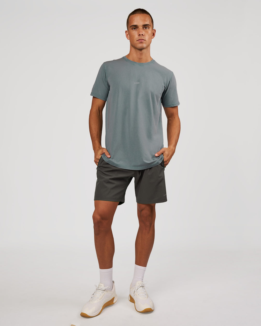 Man wearing Base FLXCotton Tee - Blue Mirage Washed | Model:Albert | Size:M - view 5