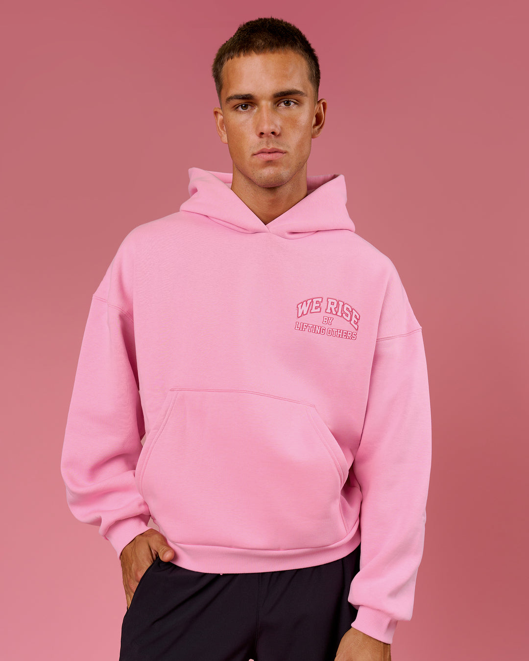 Man wearing BCAM Heavyweight Boxy Hoodie - Pink Rose | Model:Albert | Size:M - view 12