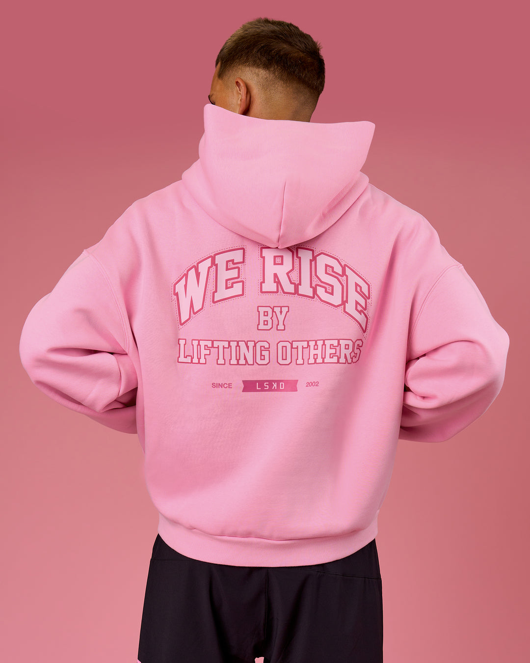 Man wearing BCAM Heavyweight Boxy Hoodie - Pink Rose | Model:Albert | Size:M - view 15