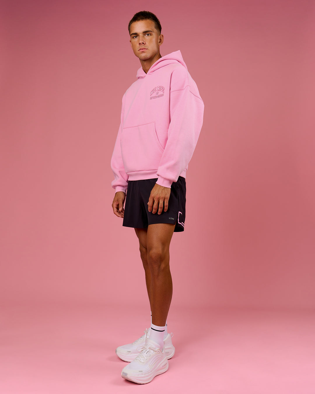 Man wearing BCAM Heavyweight Boxy Hoodie - Pink Rose | Model:Albert | Size:M - view 17