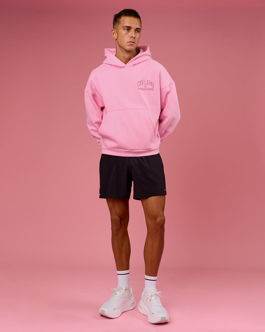 Man wearing BCAM Heavyweight Boxy Hoodie - Pink Rose | Model:Albert | Size:M - view 19