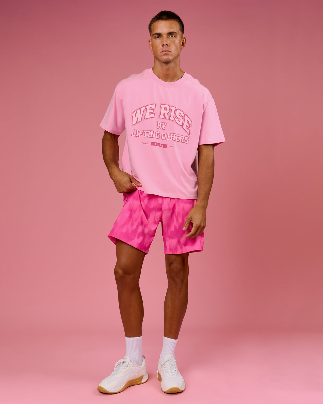 Man wearing BCAM Heavyweight FLXCotton Graphic Boxed Tee - Pink Rose | Model:Albert | Size:M - view 12