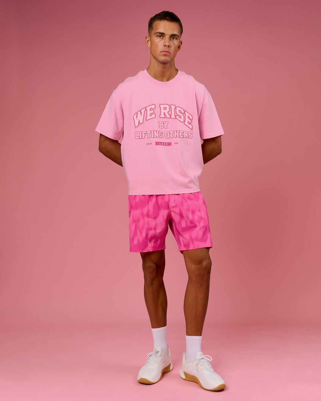 Man wearing BCAM Heavyweight FLXCotton Graphic Boxed Tee - Pink Rose | Model:Albert | Size:M - view 14