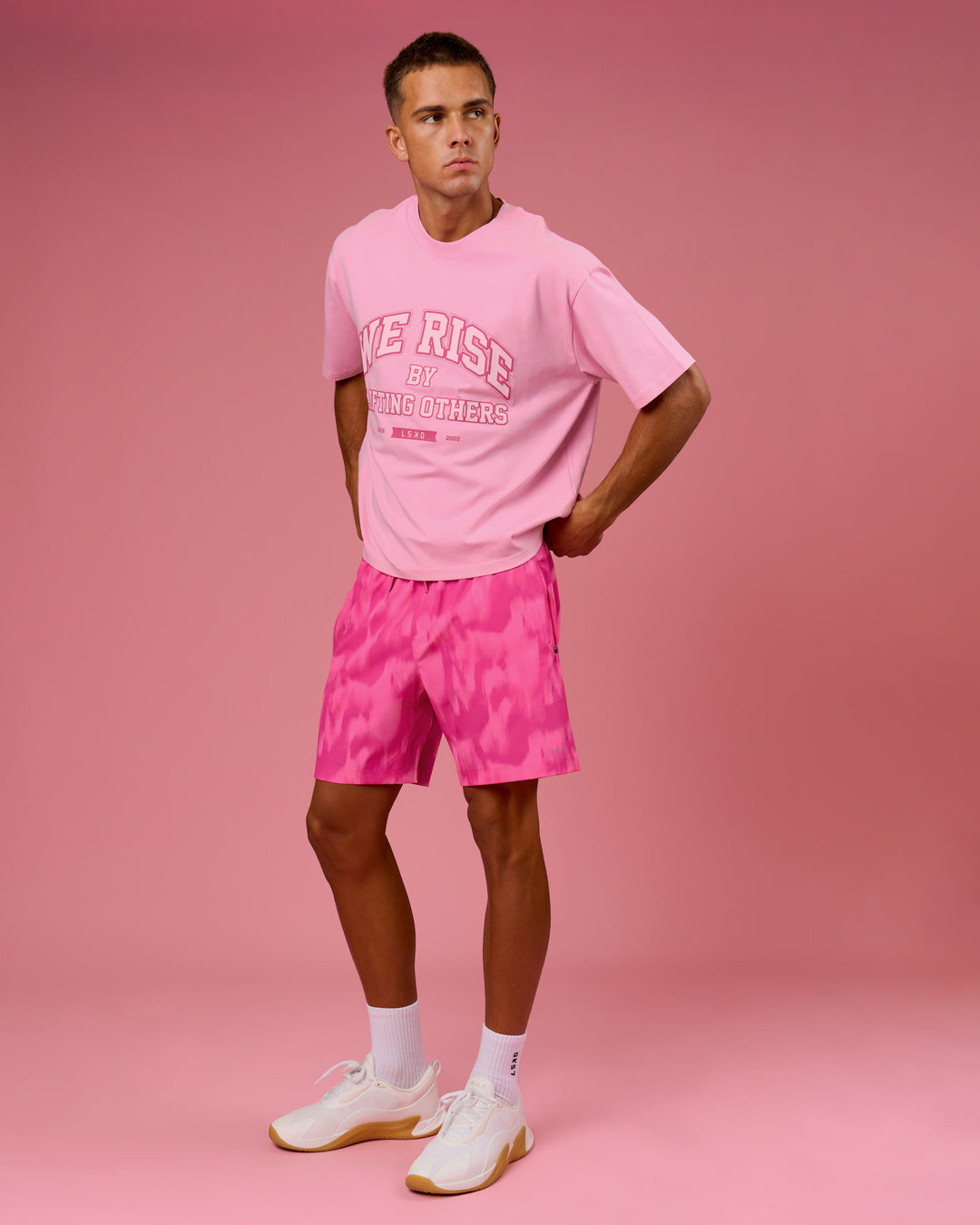 Man wearing BCAM Heavyweight FLXCotton Graphic Boxed Tee - Pink Rose | Model:Albert | Size:M - view 16