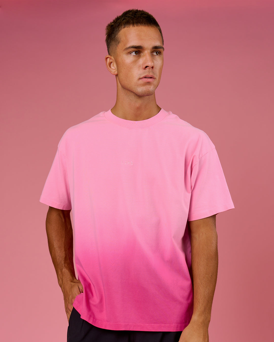 Man wearing BCAM Ombre Heavyweight FLXCotton Oversized Tee  - Pink Rose-Ultra Pink | Model:Albert | Size:M - view 14