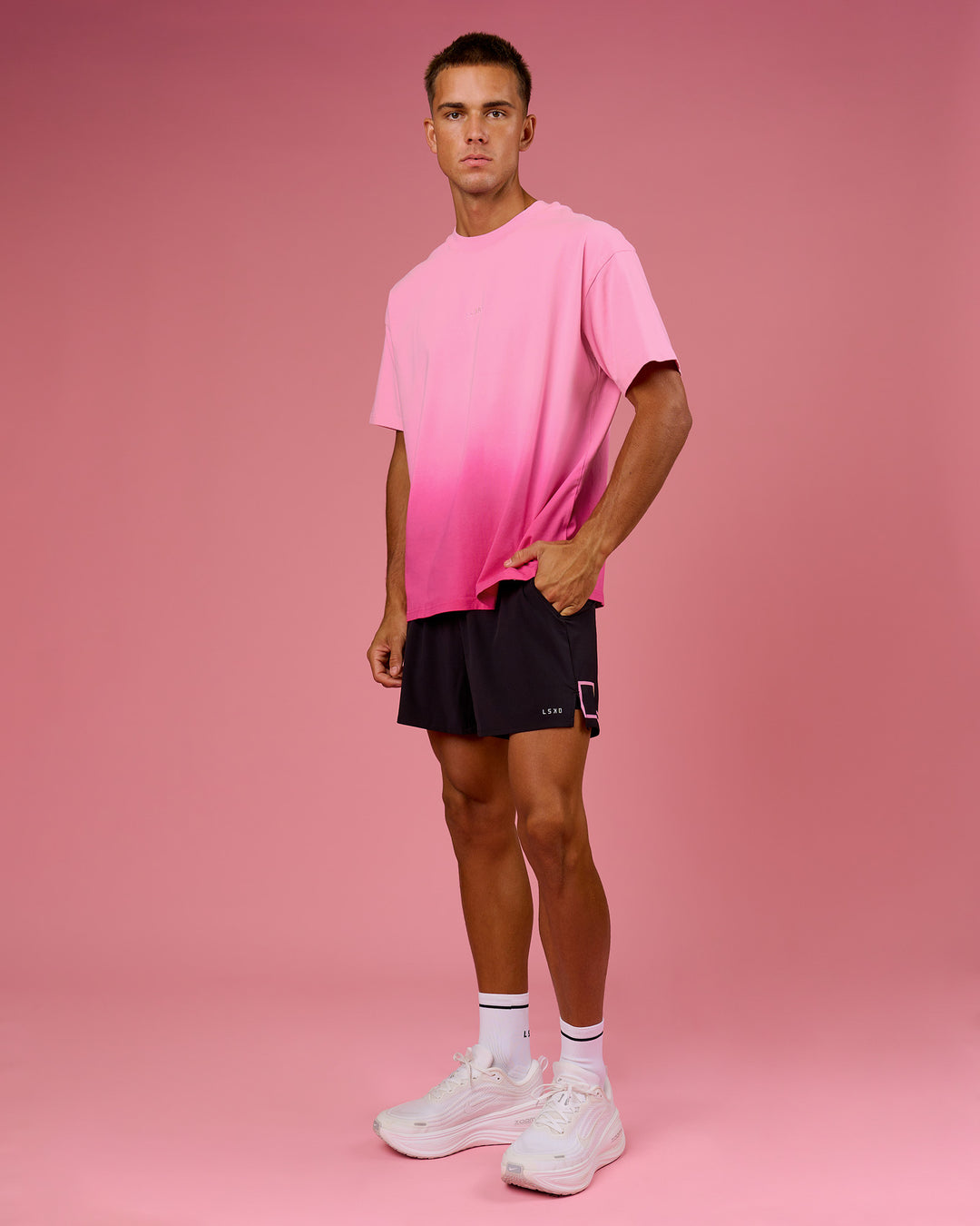 Man wearing BCAM Ombre Heavyweight FLXCotton Oversized Tee  - Pink Rose-Ultra Pink | Model:Albert | Size:M - view 17