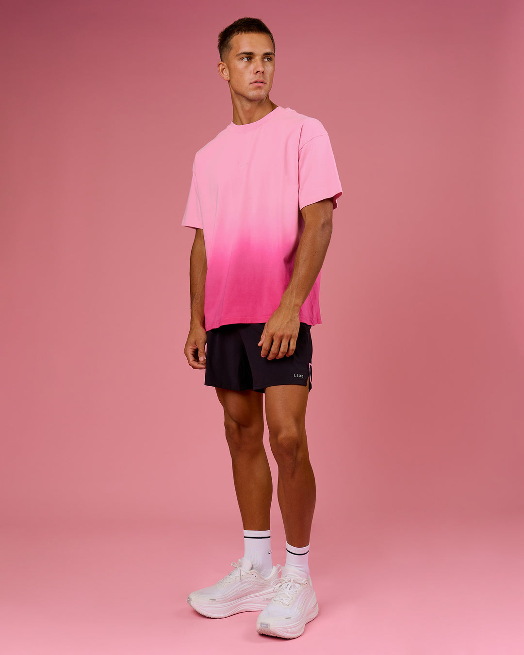 Man wearing BCAM Ombre Heavyweight FLXCotton Oversized Tee  - Pink Rose-Ultra Pink | Model:Albert | Size:M - view 20