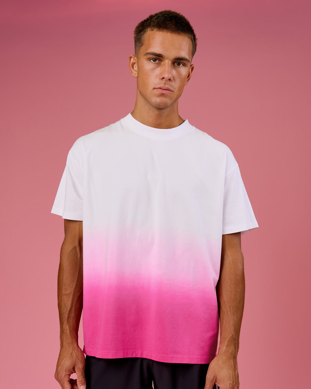 Man wearing BCAM Ombre Heavyweight FLXCotton Oversized Tee  - White-Ultra Pink | Model:Albert | Size:M - view 2