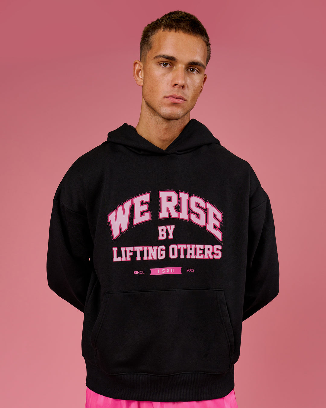 Man wearing BCAM Unisex Oversized Hoodie - Black | Model:Albert | Size:M - view 5