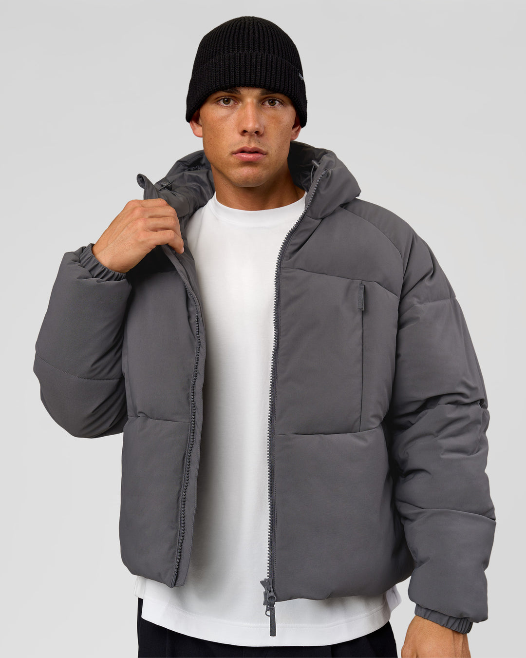 Man wearing Blackout Puffer Jacket - Dark Storm-Black | Model:Albert | Size:M - view 3