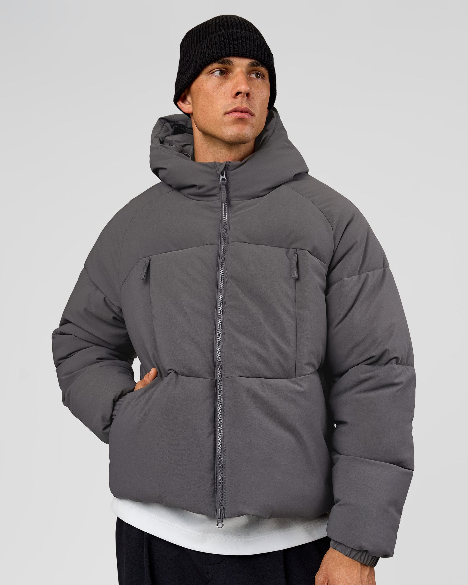 Man wearing Blackout Puffer Jacket - Dark Storm-Black | Model:Albert | Size:M