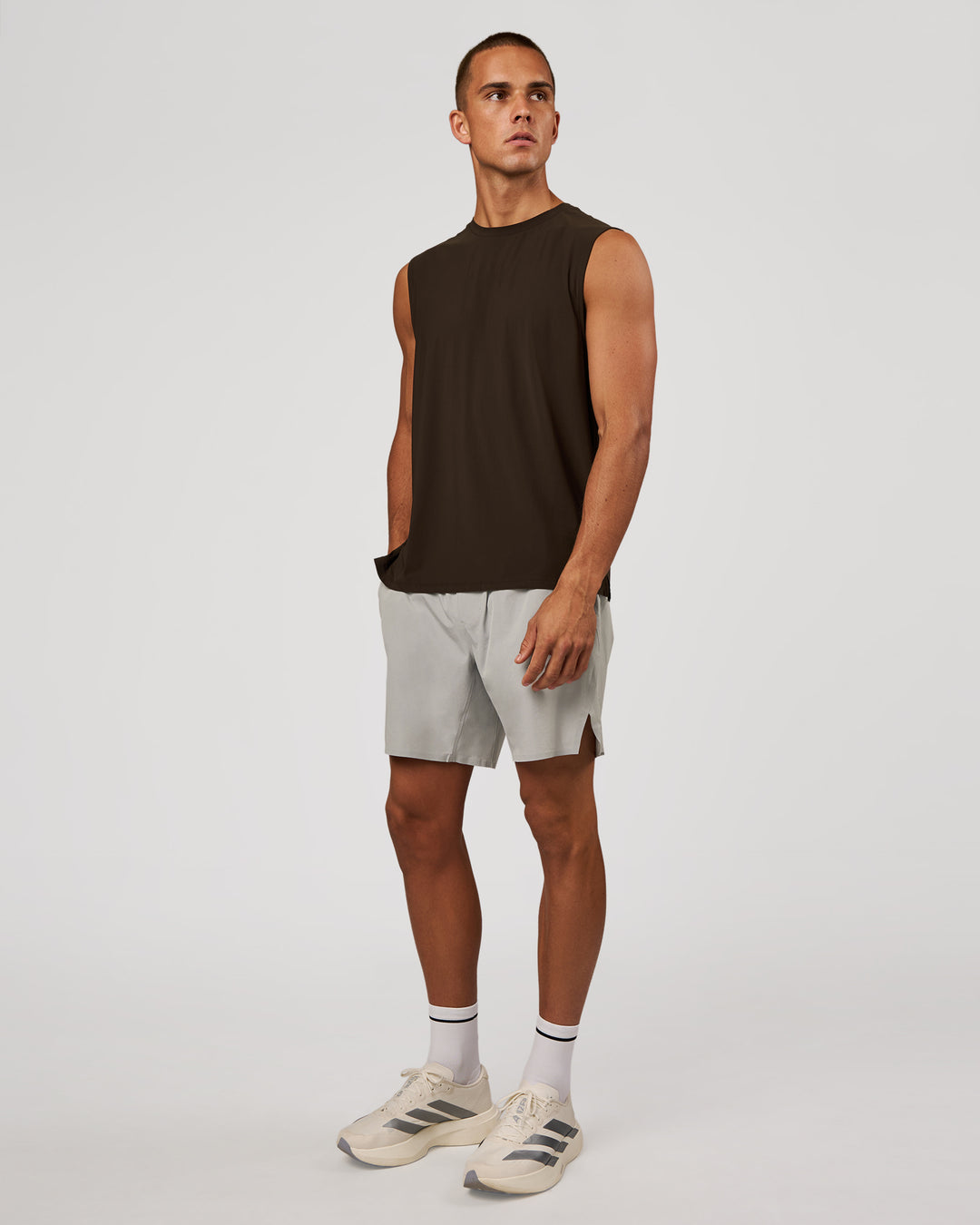 Man wearing Cadence MicroMotion Muscle Tank - Ground Coffee | Model:Albert | Size:M - view 6