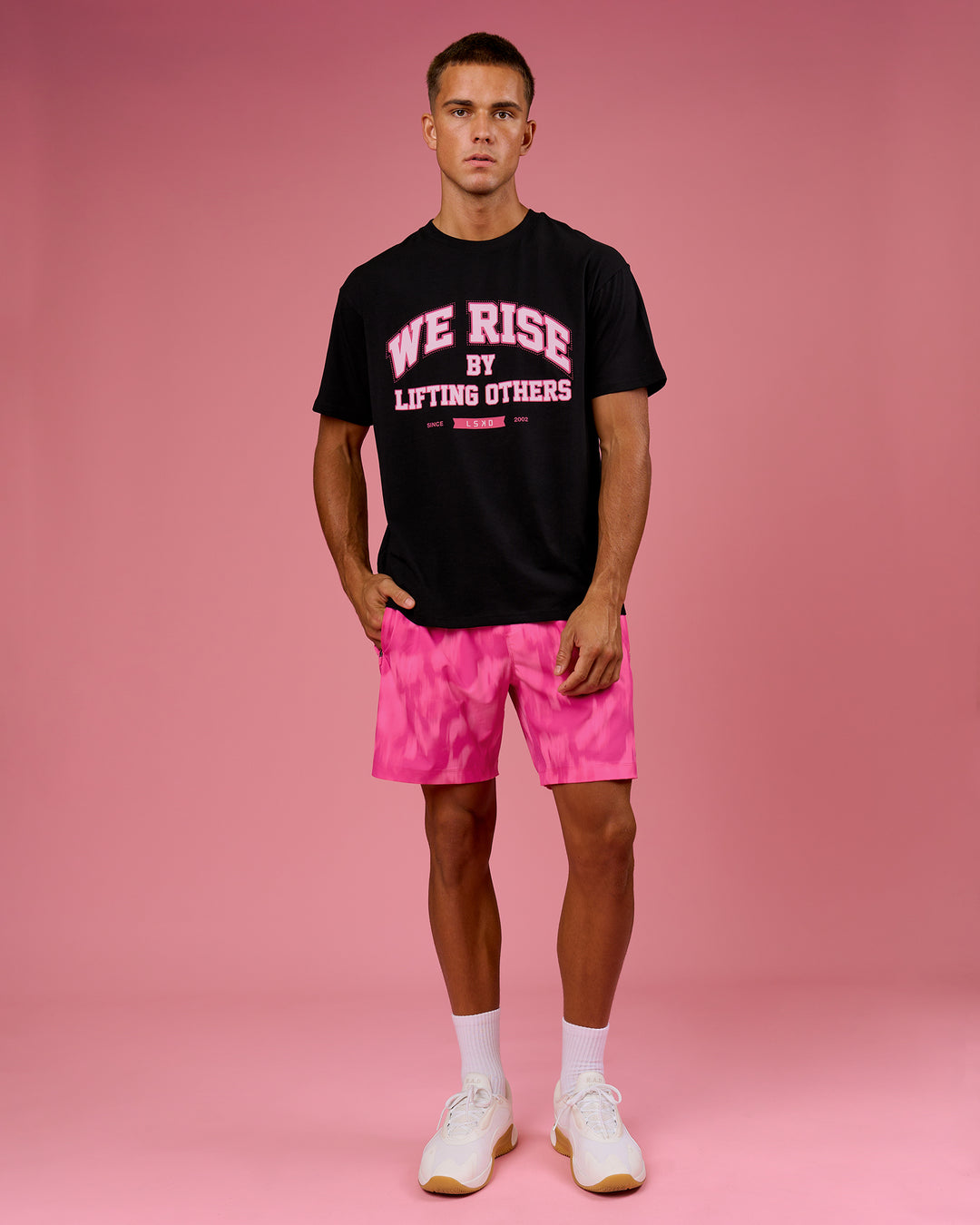Man wearing BCAM FLXCotton Graphic Oversized Tee - Black | Model:Albert | Size:M - view 17