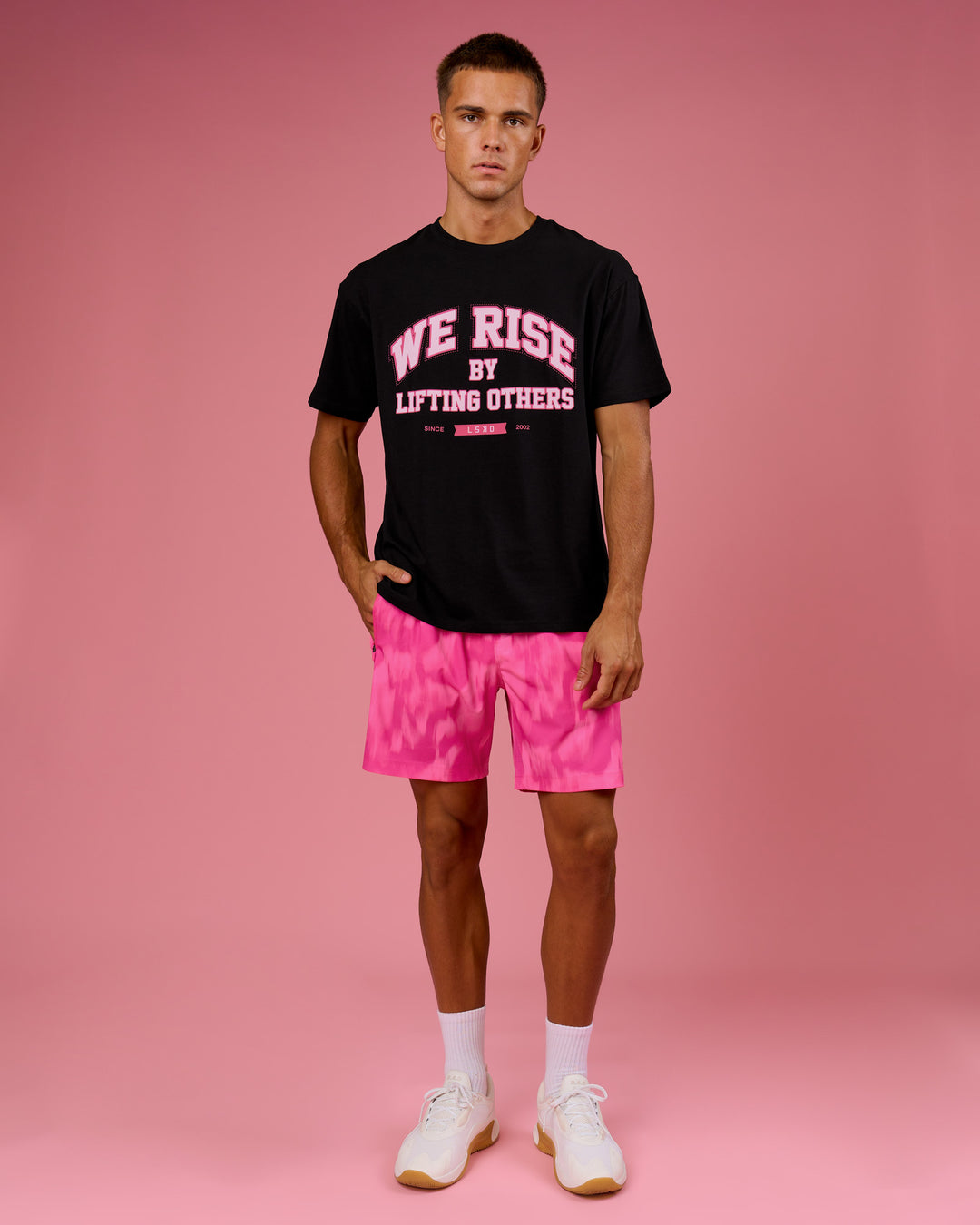 Man wearing BCAM FLXCotton Graphic Oversized Tee - Black | Model:Albert | Size:M - view 20