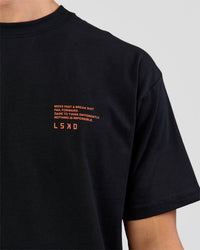 Man wearing Coffee Run FLXCotton Oversized Tee - Black-Ultra Orange | Model:Albert | Size:M | Thumbnail Index: 22