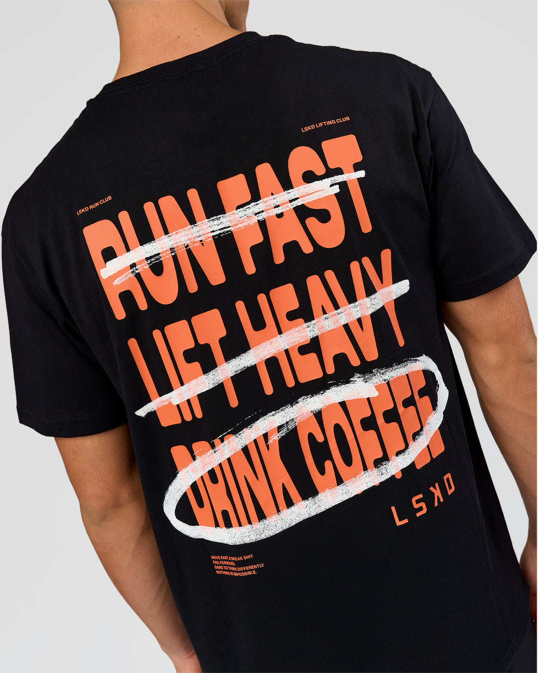 Man wearing Coffee Run FLXCotton Oversized Tee - Black-Ultra Orange | Model:Albert | Size:M - view 11