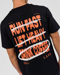 Man wearing Coffee Run FLXCotton Oversized Tee - Black-Ultra Orange | Model:Albert | Size:M | Thumbnail Index: 10