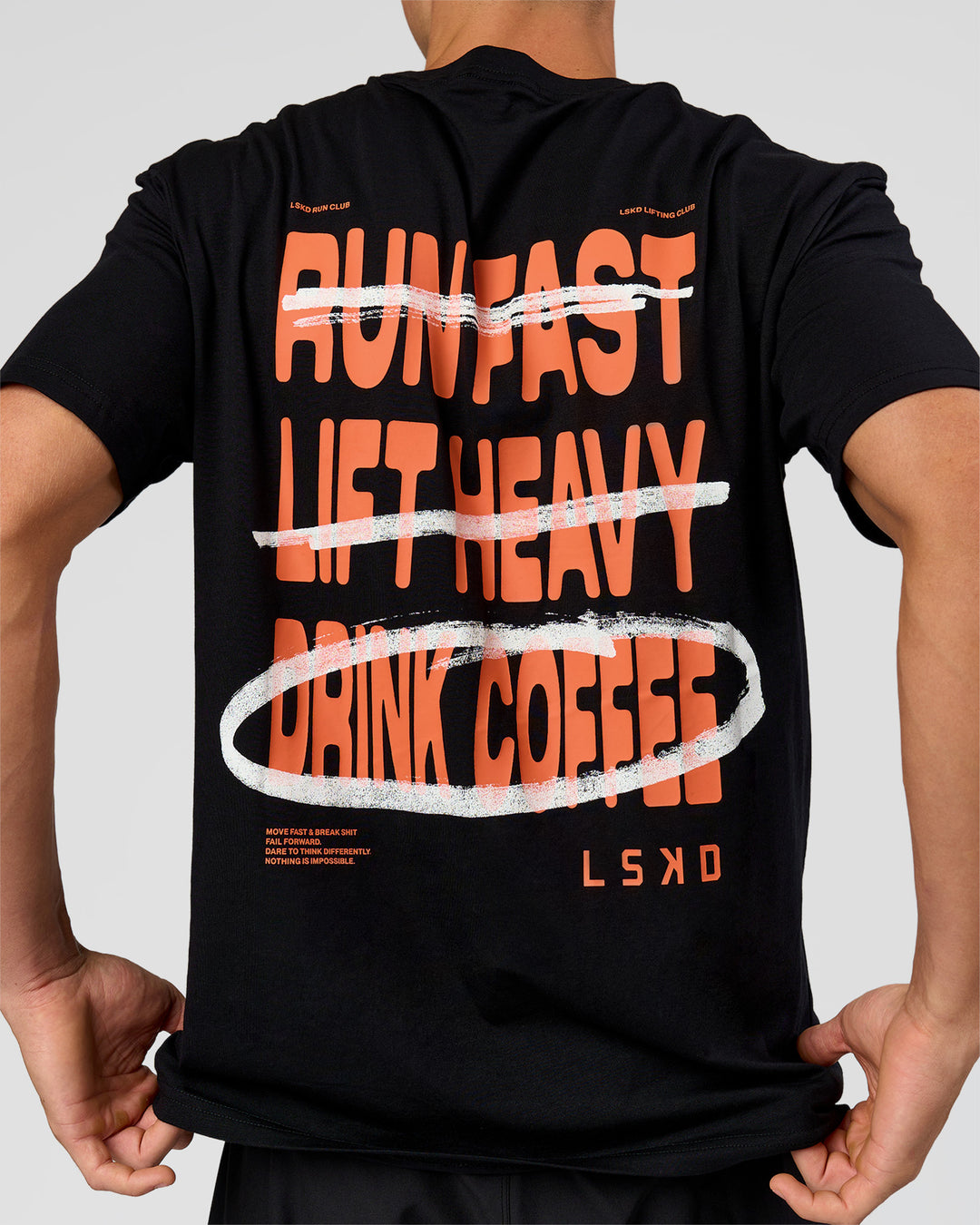 Man wearing Coffee Run FLXCotton Oversized Tee - Black-Ultra Orange | Model:Albert | Size:M - view 13