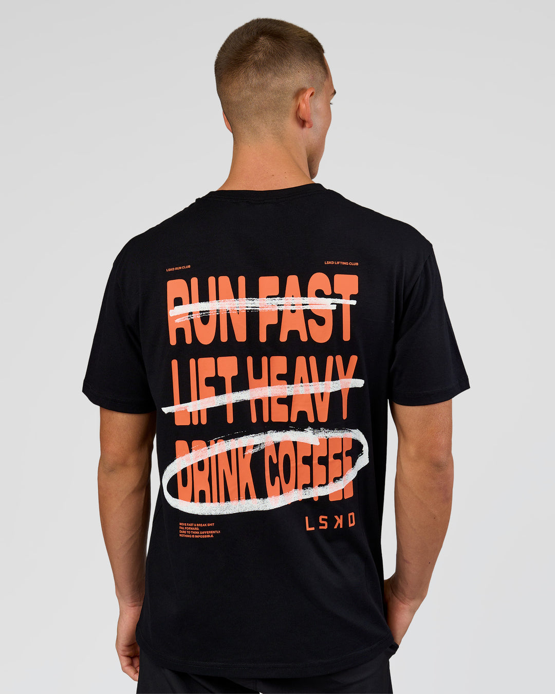 Man wearing Coffee Run FLXCotton Oversized Tee - Black-Ultra Orange | Model:Albert | Size:M - view 21