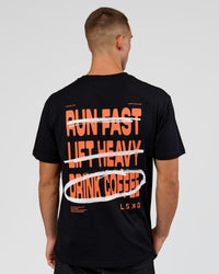 Man wearing Coffee Run FLXCotton Oversized Tee - Black-Ultra Orange | Model:Albert | Size:M | Thumbnail Index: 20