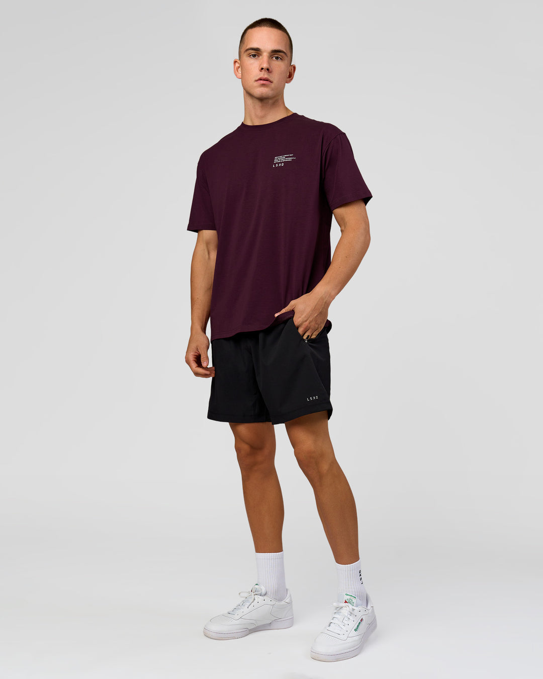 Man wearing Coffee Run FLXCotton Oversized Tee - Cherry Lacquer-Black | Model:Albert | Size:M - view 5