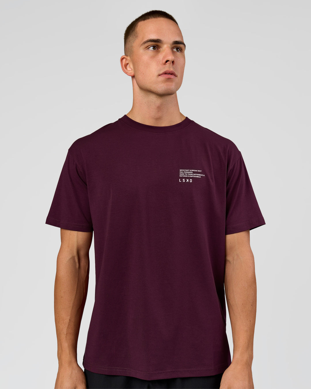 Man wearing Coffee Run FLXCotton Oversized Tee - Cherry Lacquer-Black | Model:Albert | Size:M - view 8